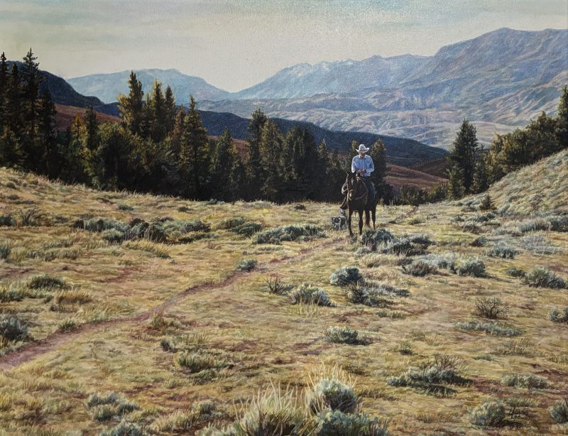 Laurie Lee Riding Home cowboy horse western oil painting landscape mountain prairie