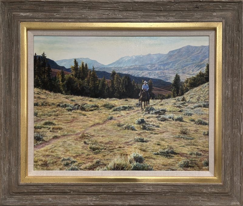 Laurie Lee Riding Home cowboy horse western oil painting landscape mountain prairie framed