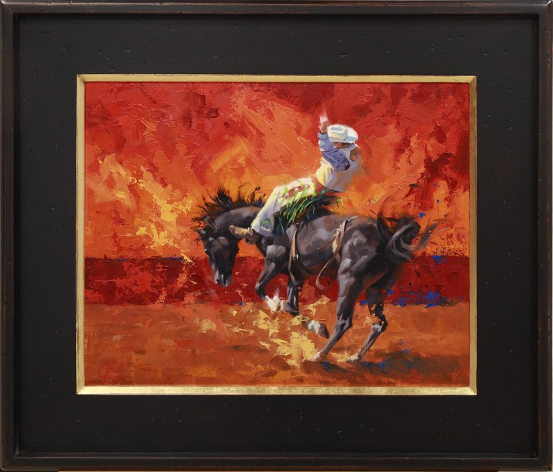 Jim Connelly Orange Crush bucking bronco horse action western cowboy rodeo western oil painting framed