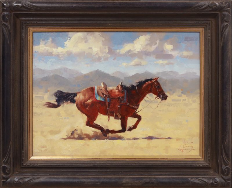 Jim Connelly The Prodigal horse saddle running action western oil painting ranch farm framed