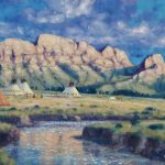 Randy Van Beek Blackfeet Along The Front Native American Indian tee pee tipi river mountains western landscape oil painting