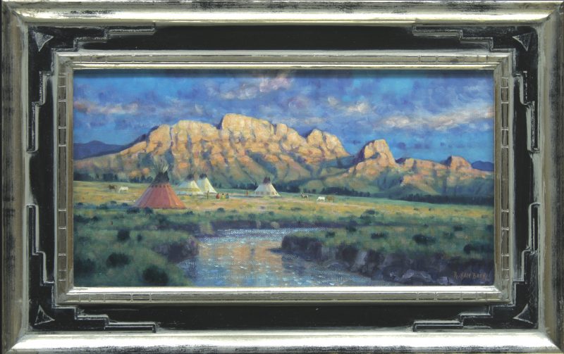 Randy Van Beek Blackfeet Along The Front Native American Indian tee pee tipi river mountains western landscape oil painting framed