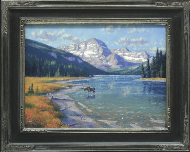 Randy Van Beek Resident Of Swift Current Lake moose wildlife oil painting Glacier National Park Montana framed