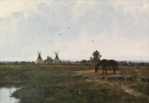 Nicholas Coleman War Paint Native American village tee pee tipi horse clouds birds western landscape oil painting