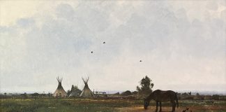 Nicholas Coleman War Paint Native American village tee pee tipi horse clouds birds western landscape oil painting
