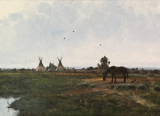 Nicholas Coleman War Paint Native American village tee pee tipi horse clouds birds western landscape oil painting
