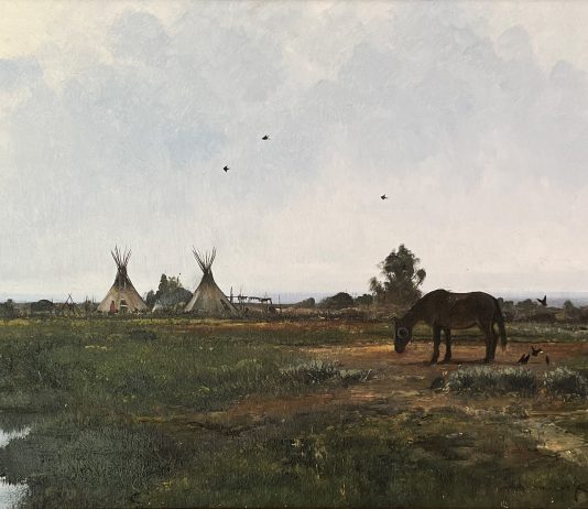 Nicholas Coleman War Paint Native American village tee pee tipi horse clouds birds western landscape oil painting