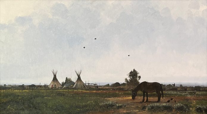Nicholas Coleman War Paint Native American village tee pee tipi horse clouds birds western landscape oil painting