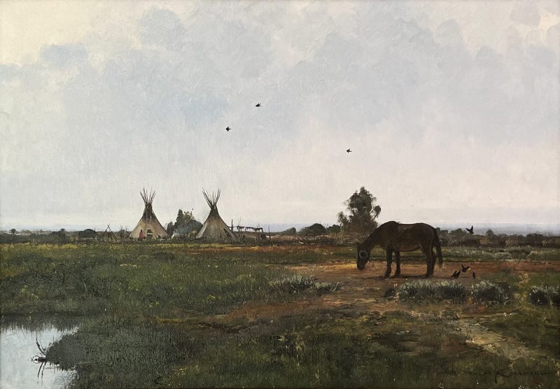 Nicholas Coleman War Paint Native American village tee pee tipi horse clouds birds western landscape oil painting