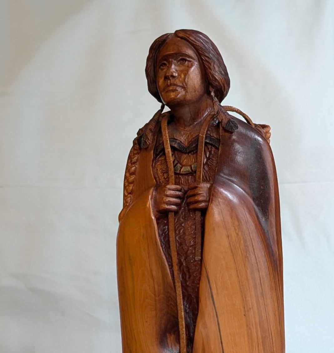 Bob Boomer Gathering Acorns Native American Indian woodcarving western figure figurative woman close up