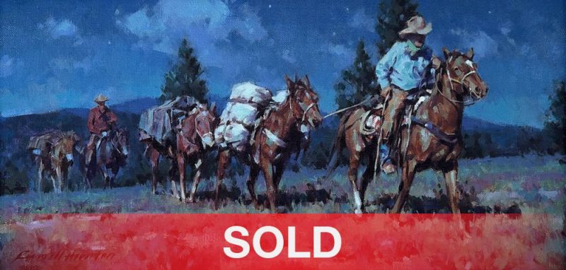 Russell Houston Moonlight Packers cowboy horse pack horse night scene western landscape oil painting sold