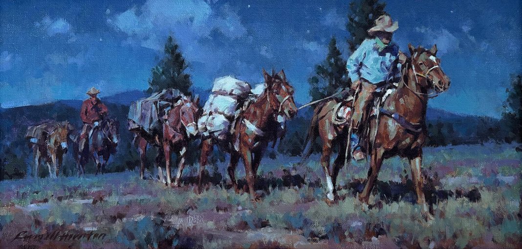 Russell Houston Moonlight Packers western oil painting cowboy night scene horse pack horse