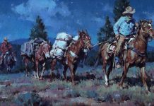Russell Houston Moonlight Packers western oil painting cowboy night scene horse pack horse
