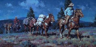 Russell Houston Moonlight Packers western oil painting cowboy night scene horse pack horse