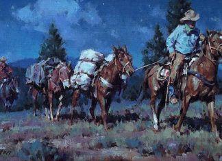 Russell Houston Moonlight Packers western oil painting cowboy night scene horse pack horse