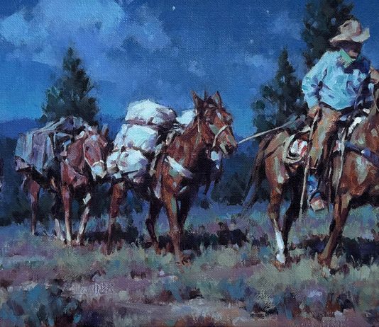 Russell Houston Moonlight Packers western oil painting cowboy night scene horse pack horse