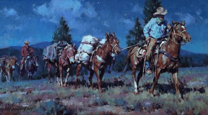 Russell Houston Moonlight Packers western oil painting cowboy night scene horse pack horse