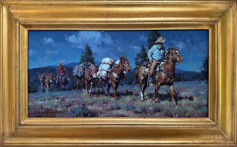 Russell Houston Moonlight Packers western oil painting cowboy night scene horse pack horse framed