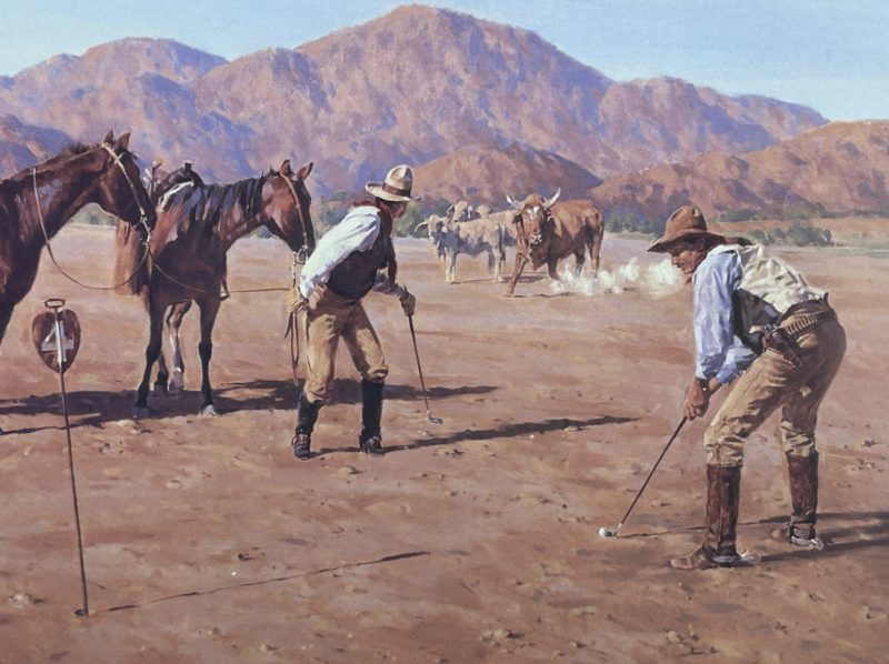 Russell Houston Hazard On The 4th Hole cowboy golf golfers western oil painting bull charging putter