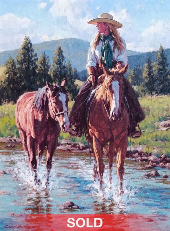 Russell Houston High Mountain Ride cowgirl horse river stream brook western oil painting sold