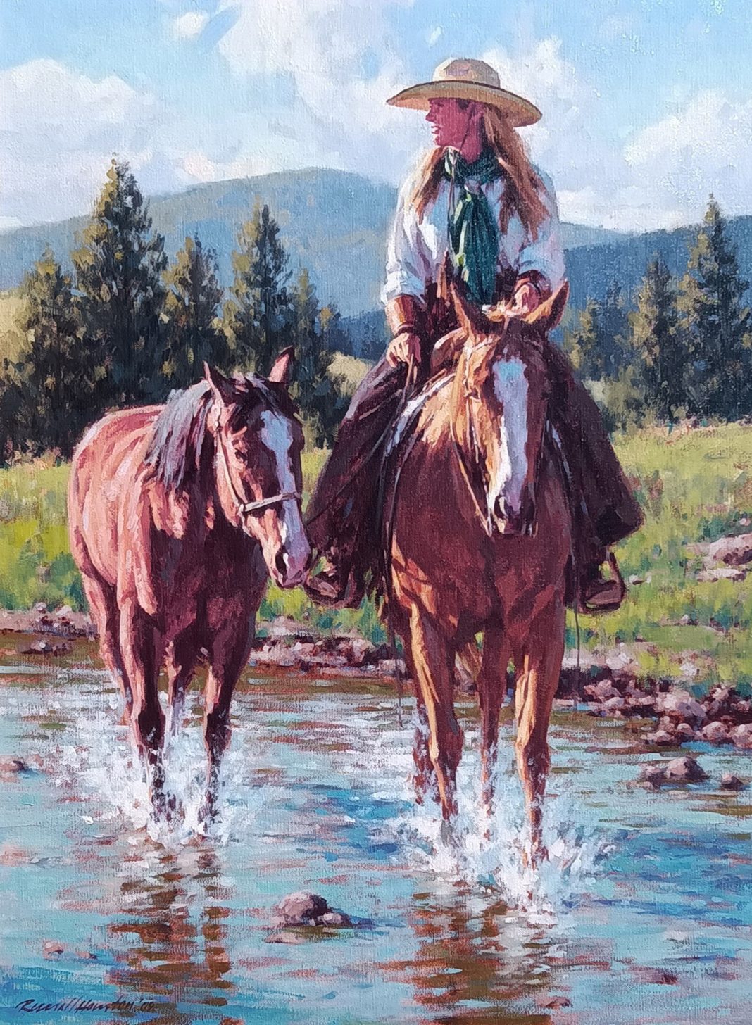 Russell Houston High Mountain Ride cowgirl horse river stream brook western oil painting