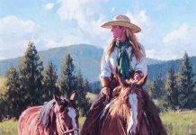 Russell Houston High Mountain Ride cowgirl horse river stream brook western oil painting