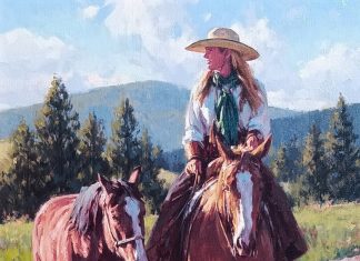 Russell Houston High Mountain Ride cowgirl horse river stream brook western oil painting