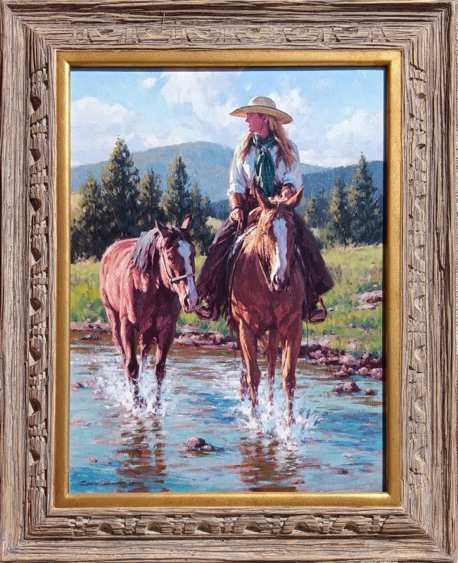 Russell Houston High Mountain Ride cowgirl horse river stream brook western oil painting framed