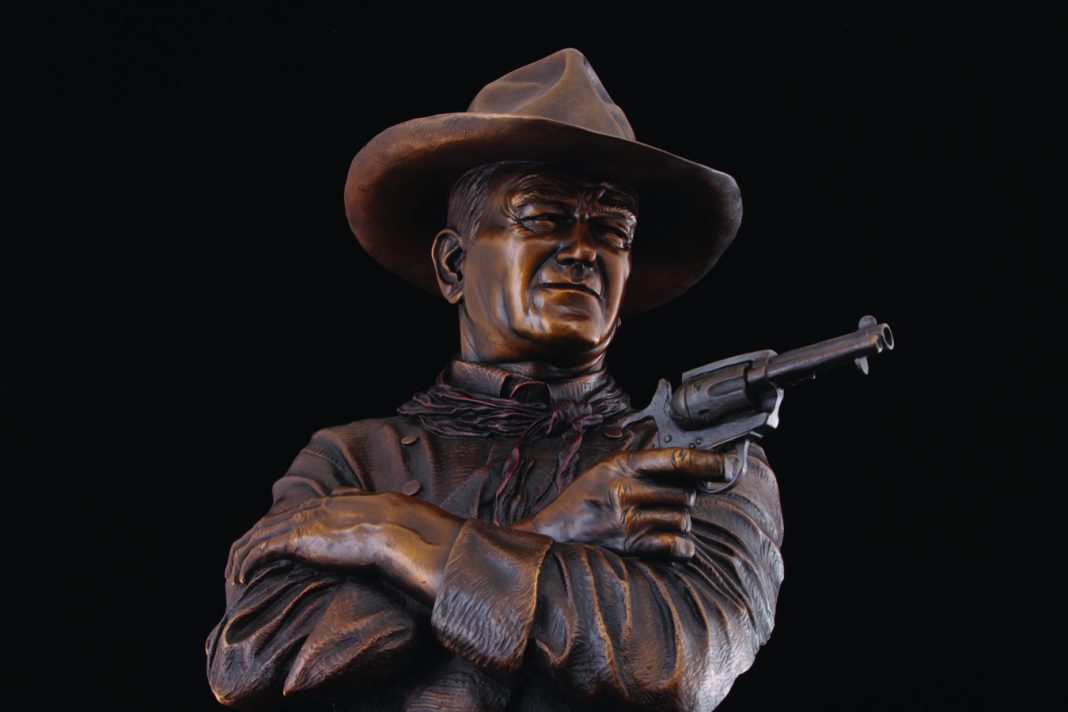 Michael Trcic Out Here A Man Solves His Own Problems John Wayne cowboy pistol firearm gun western bronze sculpture close up