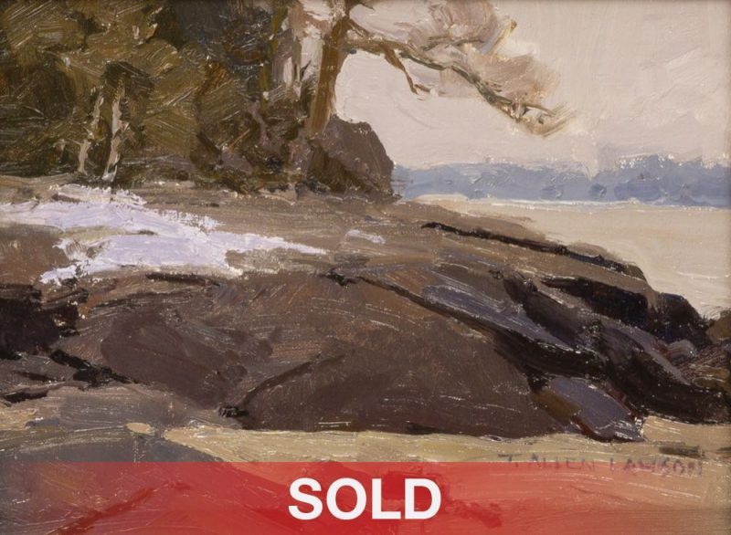 T. Allen Lawson Grey Day At Duck Trap landscape ocean river stream lake snow tree oil painting sold