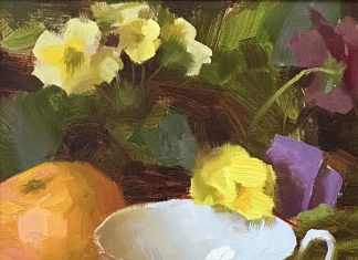 Daniel Keys Still Life fruit orange tea cup flower stillife oil painting