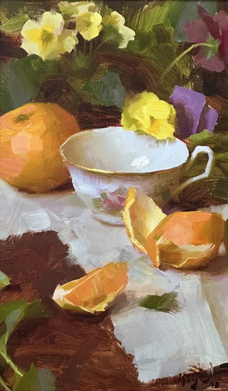 Daniel Keys Still Life fruit orange tea cup flower stillife oil painting
