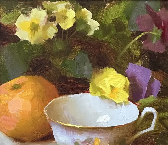 Daniel Keys Still Life fruit orange tea cup flower stillife oil painting