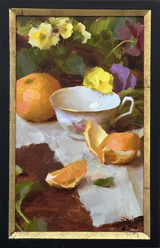Daniel Keys Still Life fruit orange tea cup flower stillife oil painting framed