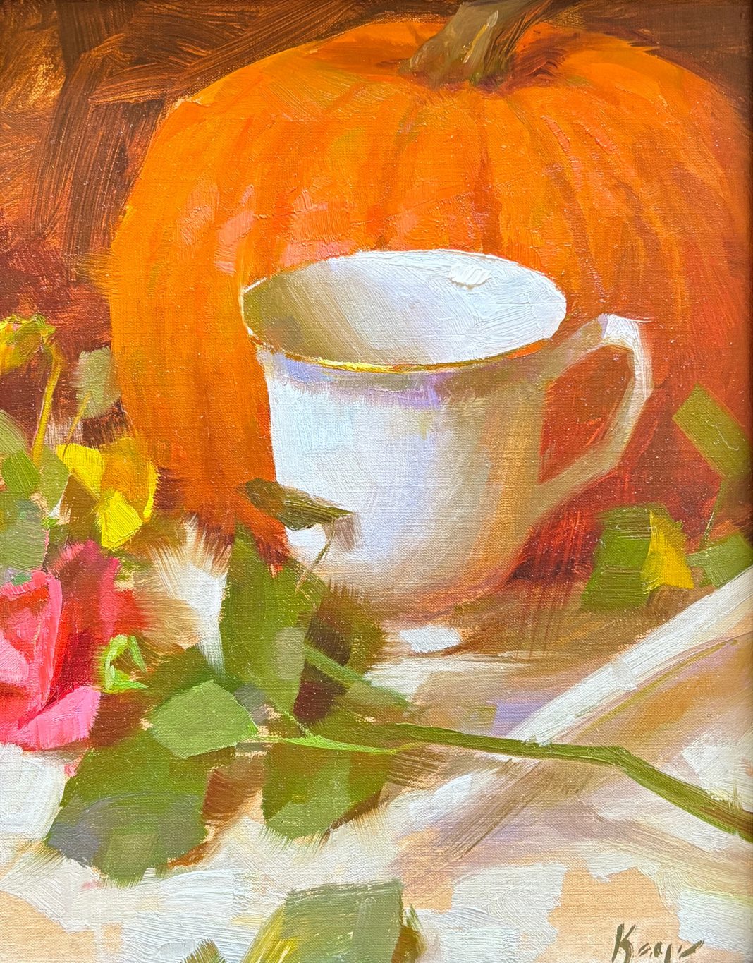 Daniel Keys Teacup & Rose floral still life stillife pumpkin vegetable rose china oil painting