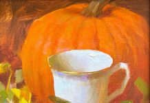 Daniel Keys Teacup & Rose floral still life stillife pumpkin vegetable rose china oil painting