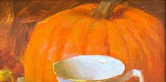 Daniel Keys Teacup & Rose floral still life stillife pumpkin vegetable rose china oil painting
