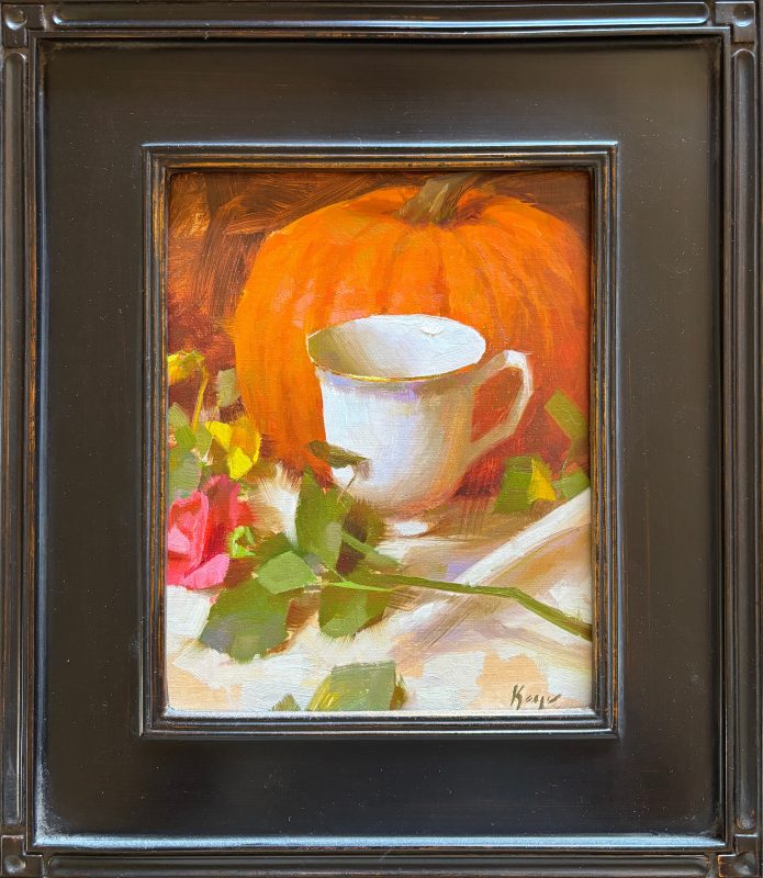 Daniel Keys Teacup & Rose floral still life stillife pumpkin vegetable rose china oil painting framed