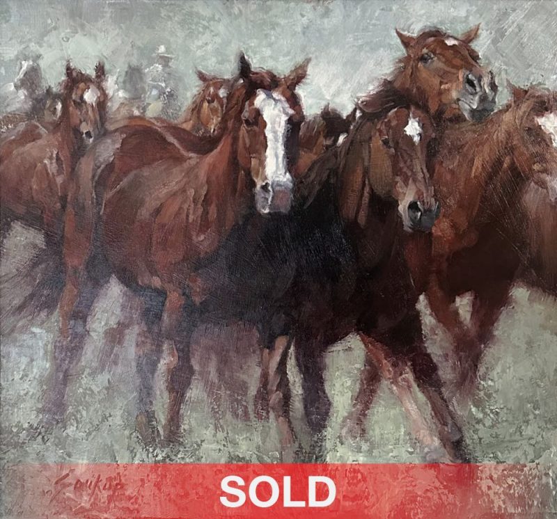 Jill Soukup Red Rush horse horses running trotting galloping herd western oil painting sold