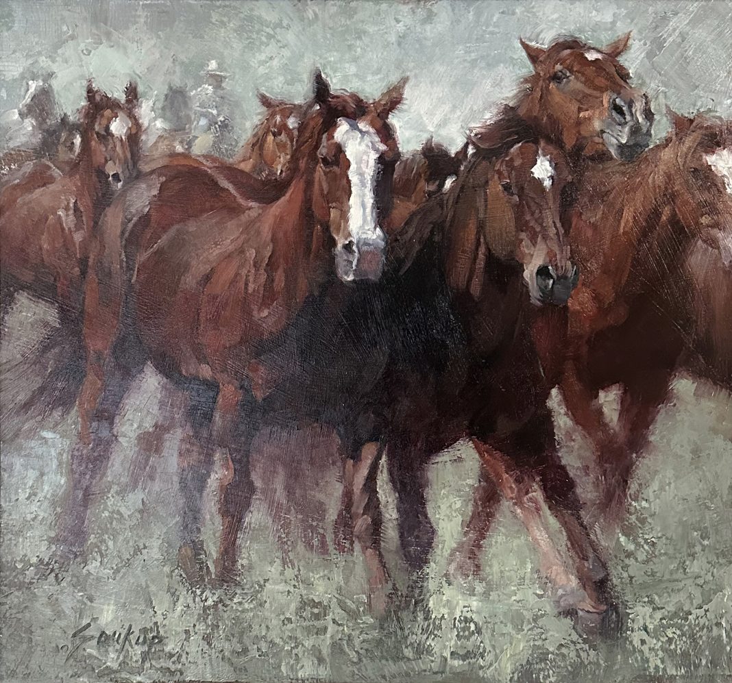 Jill-Soukup_Red-Rush Jill Soukup Red Rush horse horses running trotting galloping herd western oil painting