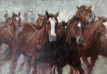 Jill Soukup Red Rush horse horses running trotting galloping herd western oil painting