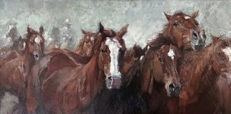 Jill Soukup Red Rush horse horses running trotting galloping herd western oil painting