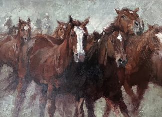 Jill Soukup Red Rush horse horses running trotting galloping herd western oil painting