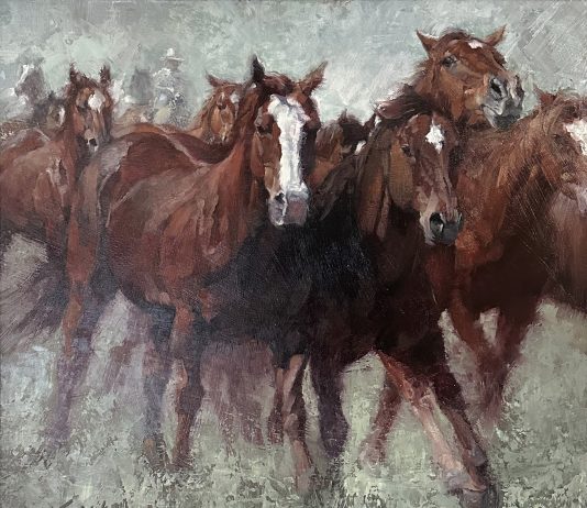 Jill Soukup Red Rush horse horses running trotting galloping herd western oil painting
