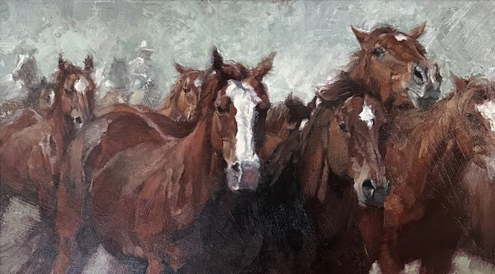 Jill Soukup Jill Soukup Red Rush horse horses running trotting galloping herd western oil painting