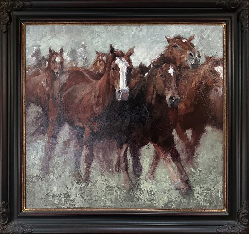 Jill Soukup Red Rush horse horses running trotting galloping herd western oil painting framed