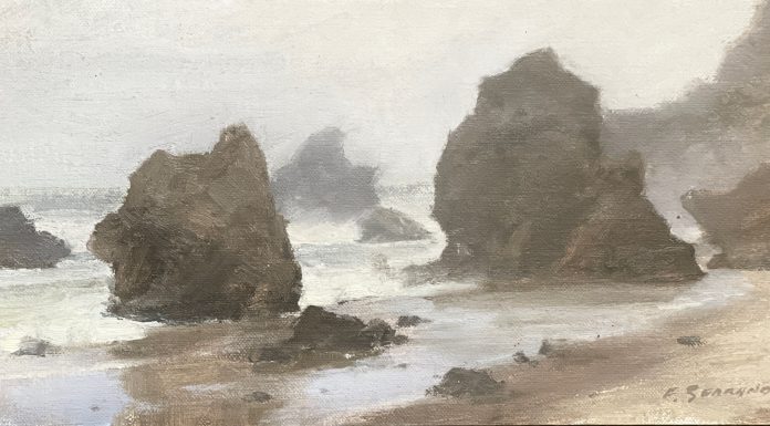 “El Matador Mist” Frank Serrano Frank Serrano El Matador Mist seascape ocean crashing waves coastline beach surf landscape oil painting