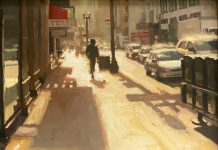 Jeremy Mann Morning Sunlight Downtown street city streetscape downtown hustle and bustle cars traffic landscape oil painting