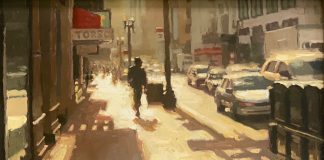 Jeremy Mann Morning Sunlight Downtown street city streetscape downtown hustle and bustle cars traffic landscape oil painting