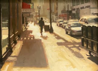 Jeremy Mann Morning Sunlight Downtown street city streetscape downtown hustle and bustle cars traffic landscape oil painting